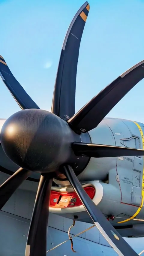 Detailed view of turboprop engine with rotating black propeller Stock Footage 320546292