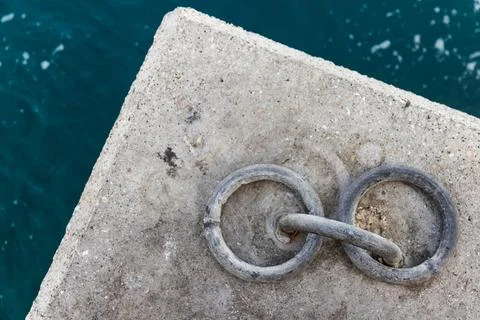 A detailed view of two interlinked mooring rings, top view Stock Photos