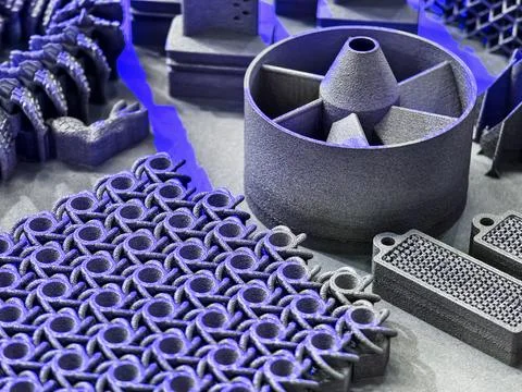 Detailed view of various 3D printed industrial components in a workshop setti Stock Photos
