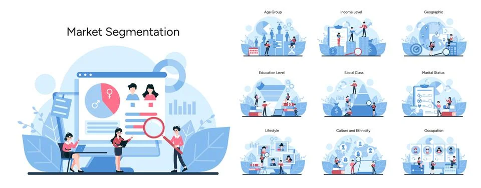 Detailed visual guide to categorizing audiences by demographics and behavior Stock Illustration