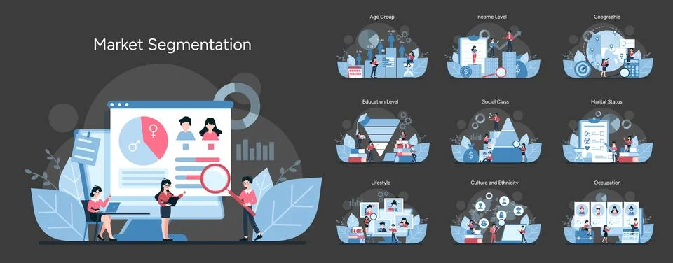 Detailed visual guide to categorizing audiences by demographics and behavior Stock Illustration