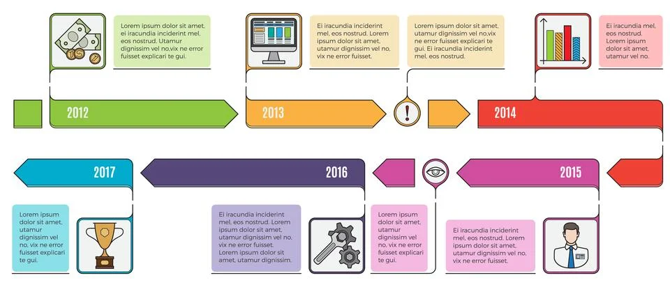 Detailed visual representation of a timeline from 2012 to 2017 using various  스톡 일러스트