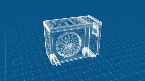 A detailed wireframe 3D rendering of an air conditioner model on a grid back Stock Illustration