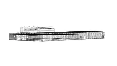 A detailed wireframe model of a futuristic train station or transportation h Stock Illustration