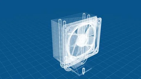 A detailed wireframe rendering of a computer cooling fan against a grid back 스톡 일러스트