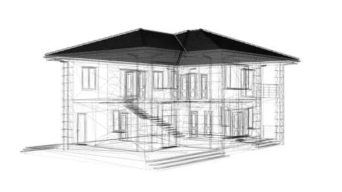 A detailed wireframe rendering of a modern two story house with multiple ent 스톡 일러스트