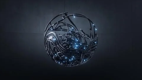 Detailed wiring system surrounds tiny data center emitting luminous blue pulses Stock Illustration