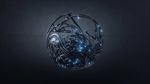 Detailed wiring system surrounds tiny data center emitting luminous blue pulses Stock Illustration