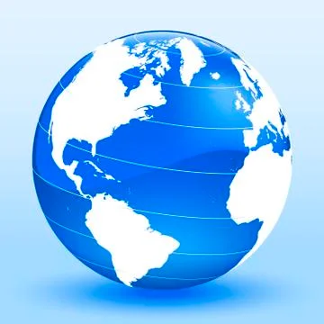 Detailed world globe in three dimensions. Blue and white. Stock Illustration