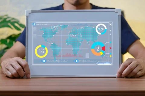 Detailed World Map with Data Visualization on Tablet Display Stock Photos