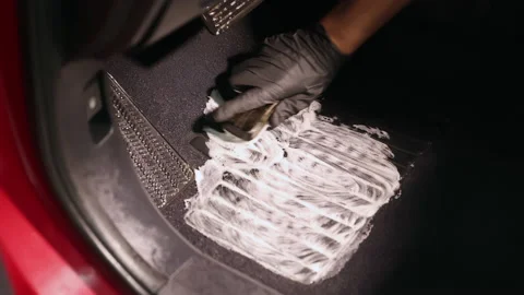 Detailing of a red car. Man cleaning car interior Stock Footage 209119623