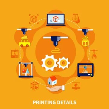 Details For 3d Printer On Orange Background Stock Illustration