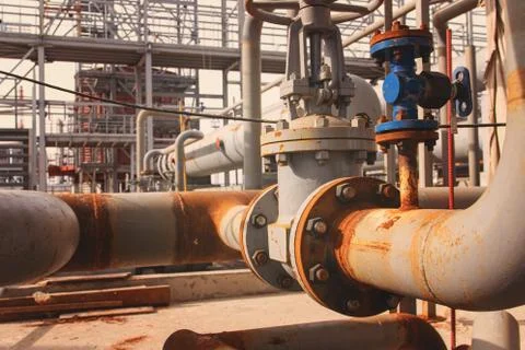 Details and elements of the process pipeline at the new chemical plant Stock Photos