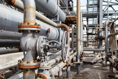 Details and elements of the process pipeline at the new chemical plant Stock Photos