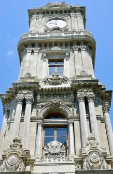 Details of baroque architecture at the clock tower at the dolmabahce palace i Stock Photos