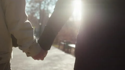 Details capturing video of a old couple walking together in the park holding Stock Footage 166640723
