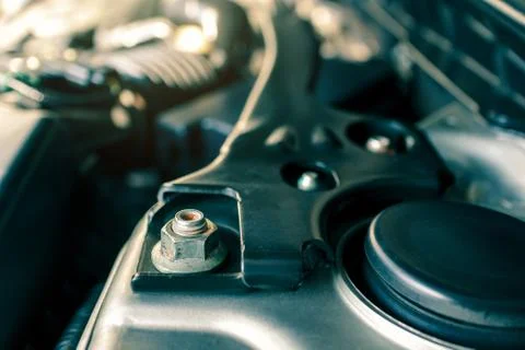 Details of car engine, front upper strut bar to reduce chassis flex Stock Photos