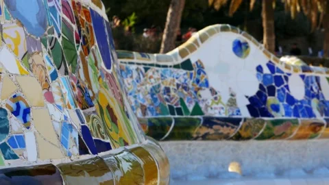 Details with Ceramic tiles in Antoni Gaudi's Park Guell, Barcelona, Spain Stock Footage