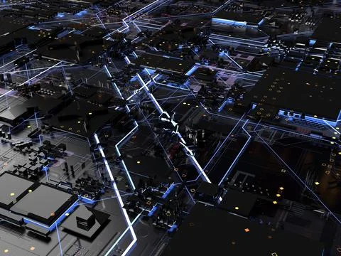 Details of computer circuit boards close up. 3d render on the topic of techno Foto stock