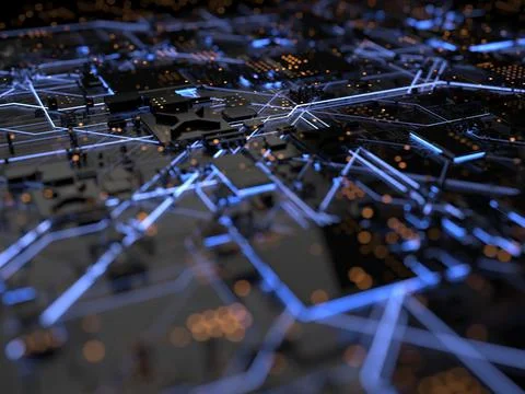 Details of computer circuit boards close up. 3d render on the topic of techno Foto stock