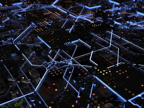 Details of computer circuit boards close up. 3d render on the topic of techno 스톡 사진