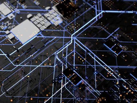 Details of computer circuit boards close up. 3d render on the topic of techno 스톡 사진