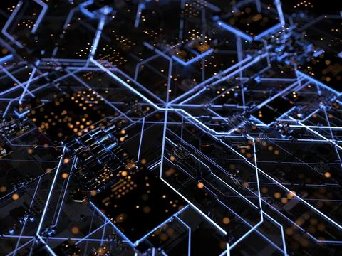Details of computer circuit boards close up. 3d render on the topic of techno Stock Photos