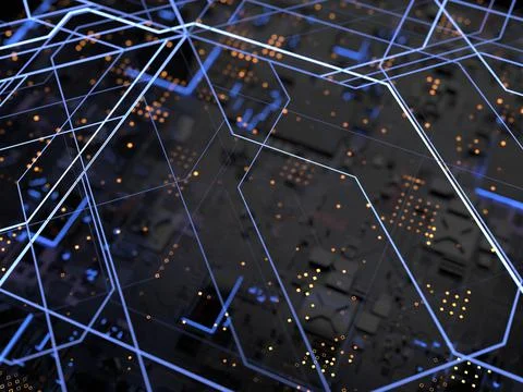 Details of computer circuit boards close up. 3d render on the topic of techno Stock Photos