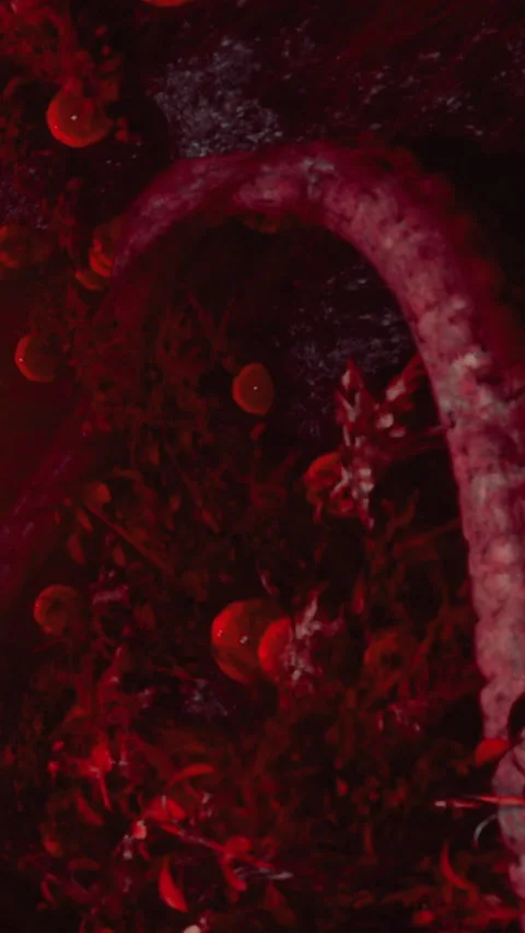 Details of a dark and textured surface with red elements and organic shapes Stock Footage 332212588