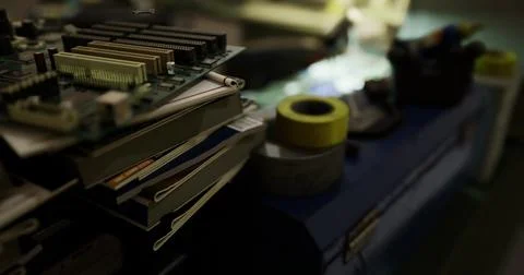 Details of electronic circuit board on a workbench surrounded by tools Stock Illustration