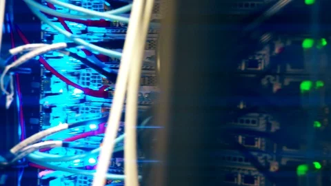 Details Of Ethernet Server With Cables - Ethernet Cables In Server Room -Blue Stock Footage 97876656