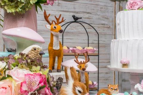 Details of luxurious table of sweets and birthday cake Stock Photos