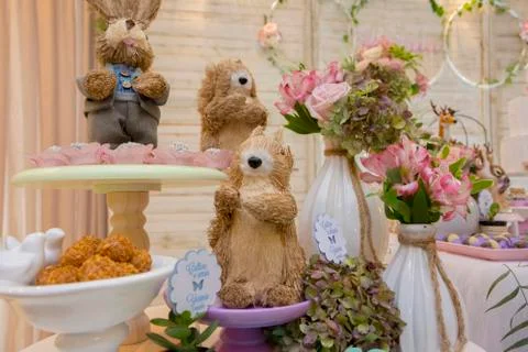 Details of luxurious table of sweets and birthday cake Stock Photos