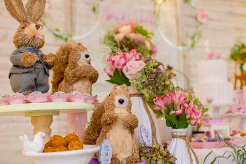 Details of luxurious table of sweets and birthday cake Stock Photos