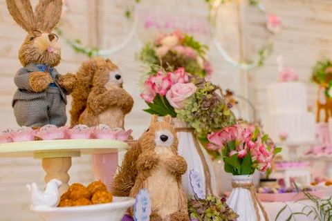 Details of luxurious table of sweets and birthday cake Stock Photos