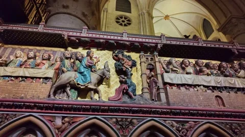 Details of medieval religious relief inside Notre-Dame de Paris, France Stock Footage 303413329
