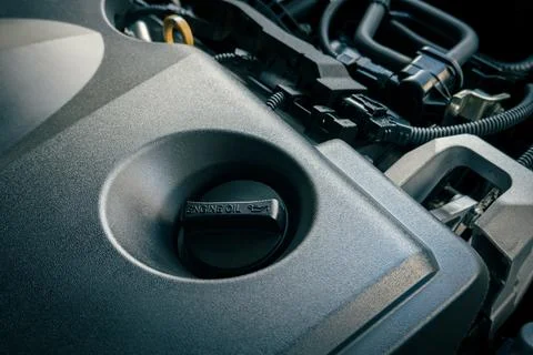 Details of modern car engine, engine oil cap Stock Photos