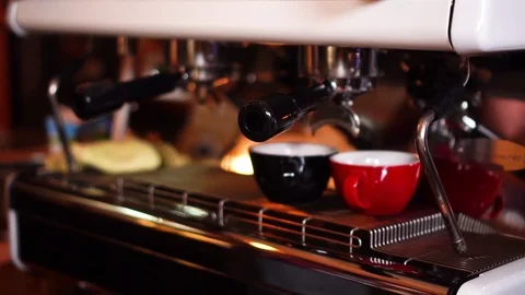 Details of modern technology espresso machine making hot cappuccino in small Stock Footage 103993527