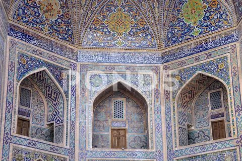Details of mosaic tiles on balcony, The Registan, Samarkand, Uzbekistan Stock Photos
