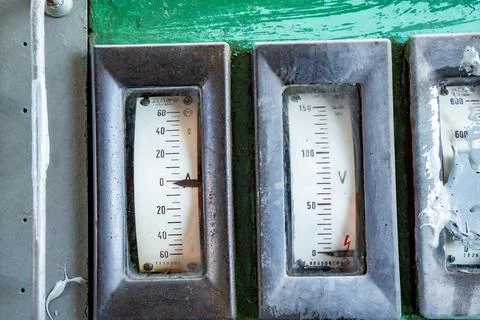 Details of old rusty steam train gauges machinery background Stock Photos