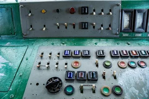 Details of an old rusty train control panel technology mechanical background Stock Photos