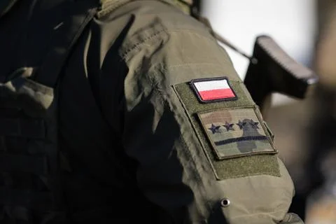 Details with the patch of a Polish soldier. Foto stock