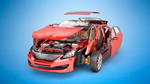 Details of the red car on a blue gradient background 3D render Stock Illustration