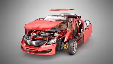 Details of the red car on a grey gradient background 3D render Illustrazione stock