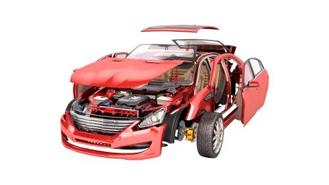Details of the red car on a white gradient background 3D render no shadow Illustrazione stock