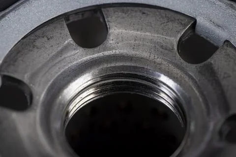 Details of a replaceable metal filter for cleaning engine oil in a car Stock Photos
