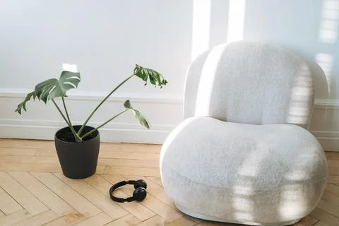 Details of room interior with white sofa armchair, monstera flower and head.. Stock Photos