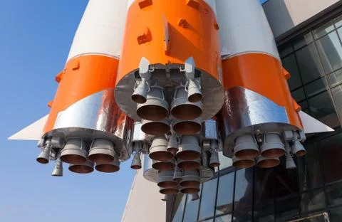 Details of space rocket engine over blue sky background Stock Photos