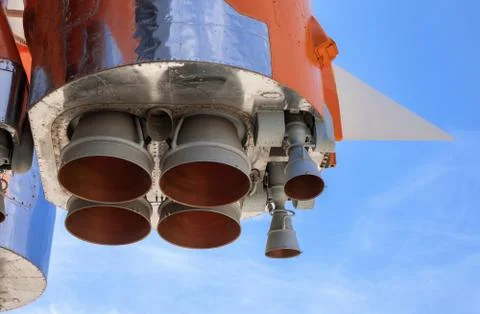 Details of space rocket engine over blue sky background Stock Photos