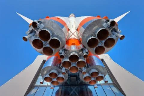 Details of space rocket engine over blue sky background Stock Photos